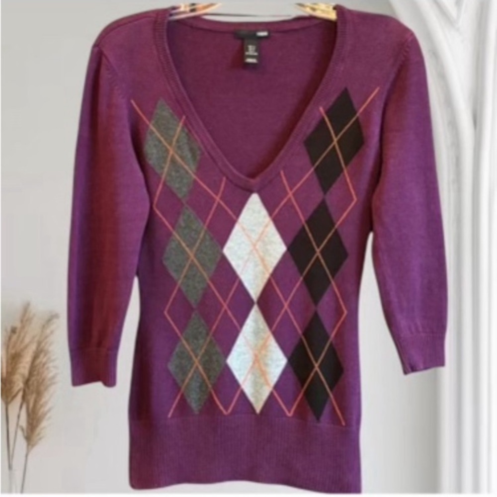 Vintage Argyle Sweater Knit 90s Y2K Pattern V-Neck Jumper Purple Gray Size Small